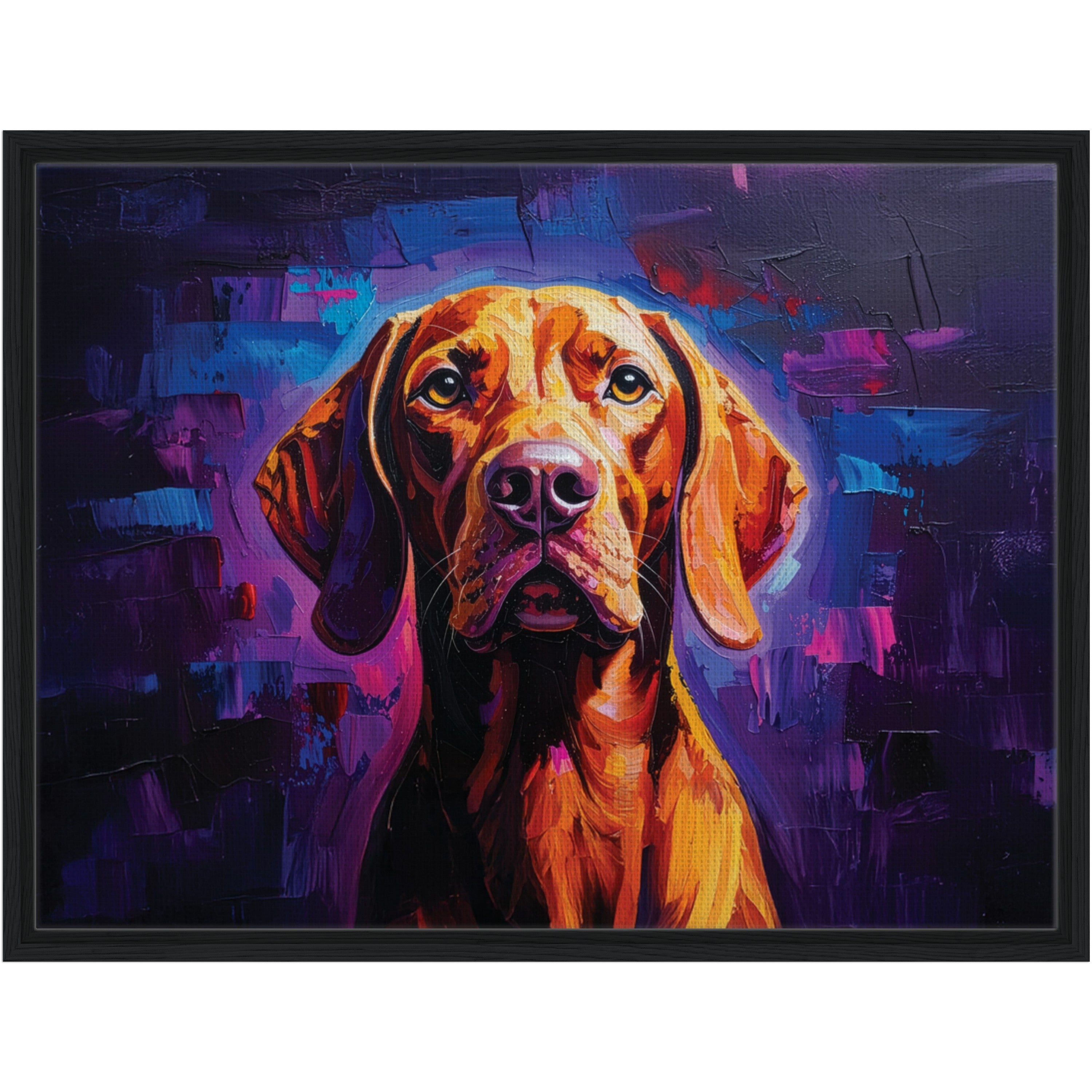 Colorful painting of a dog with abstract background