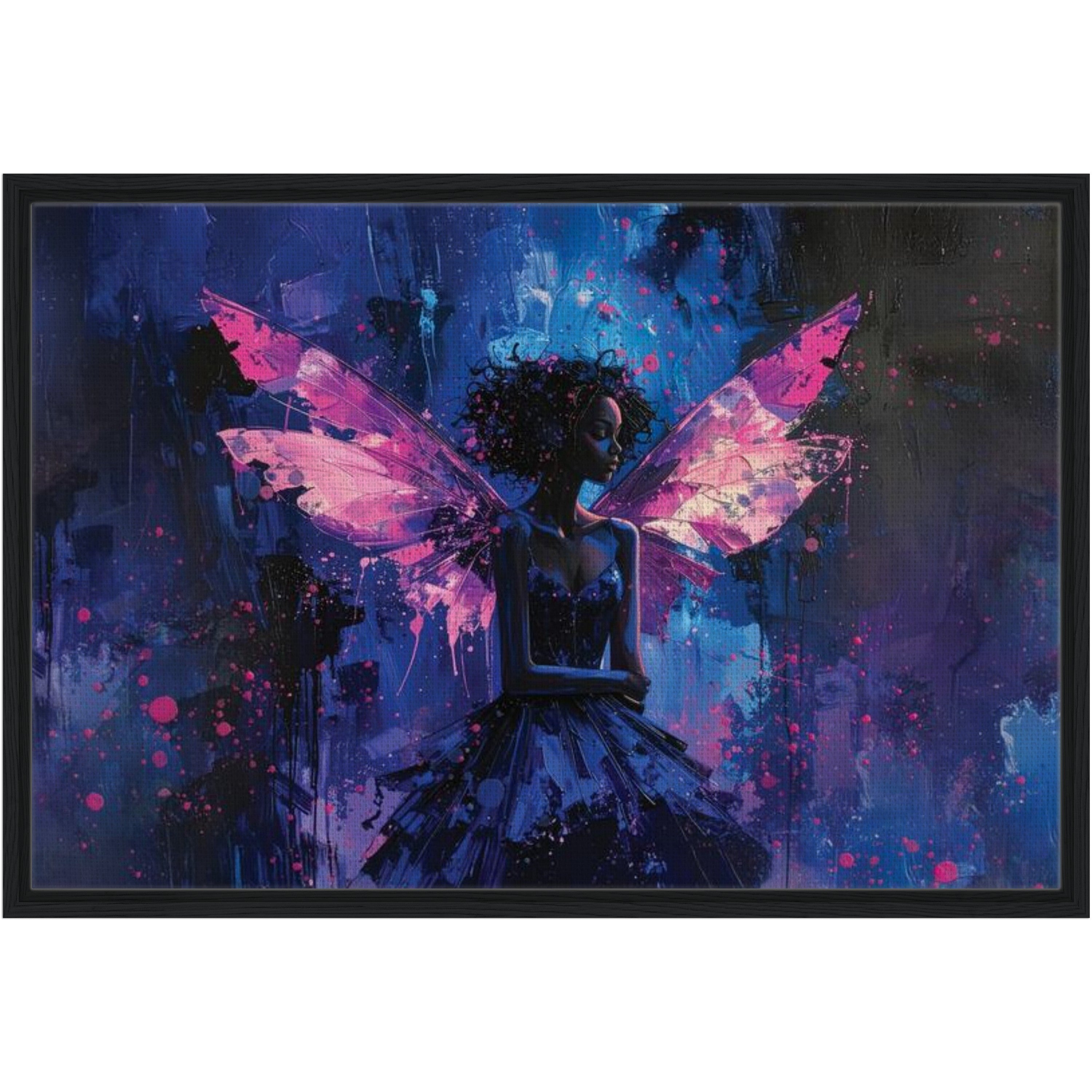 Framed artwork of a fairy with pink wings against a dark, abstract background