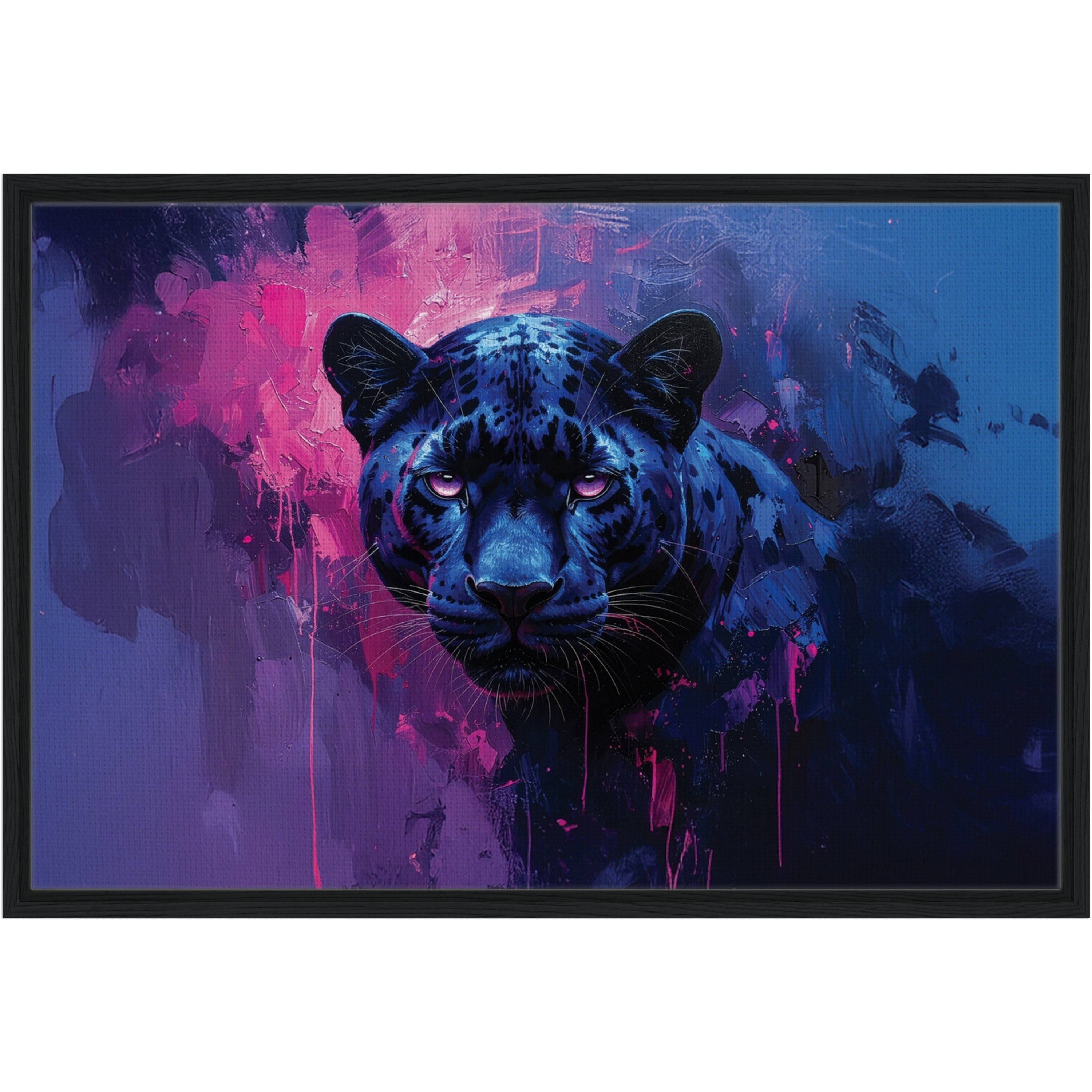 Horizontal black framed printed canvas art of blue and black panther 