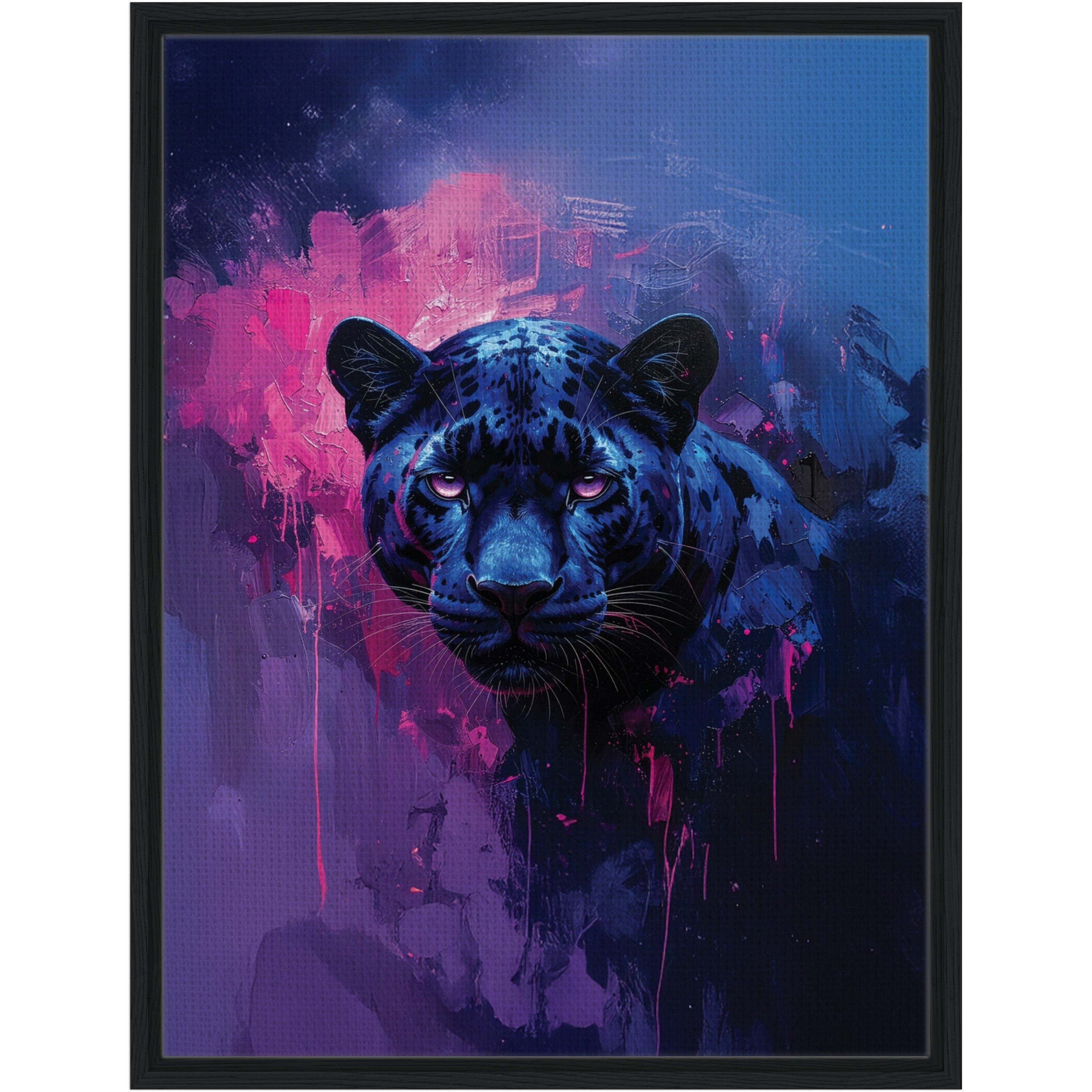 Large format painted style black wood framed canvas print blue and pink panther
