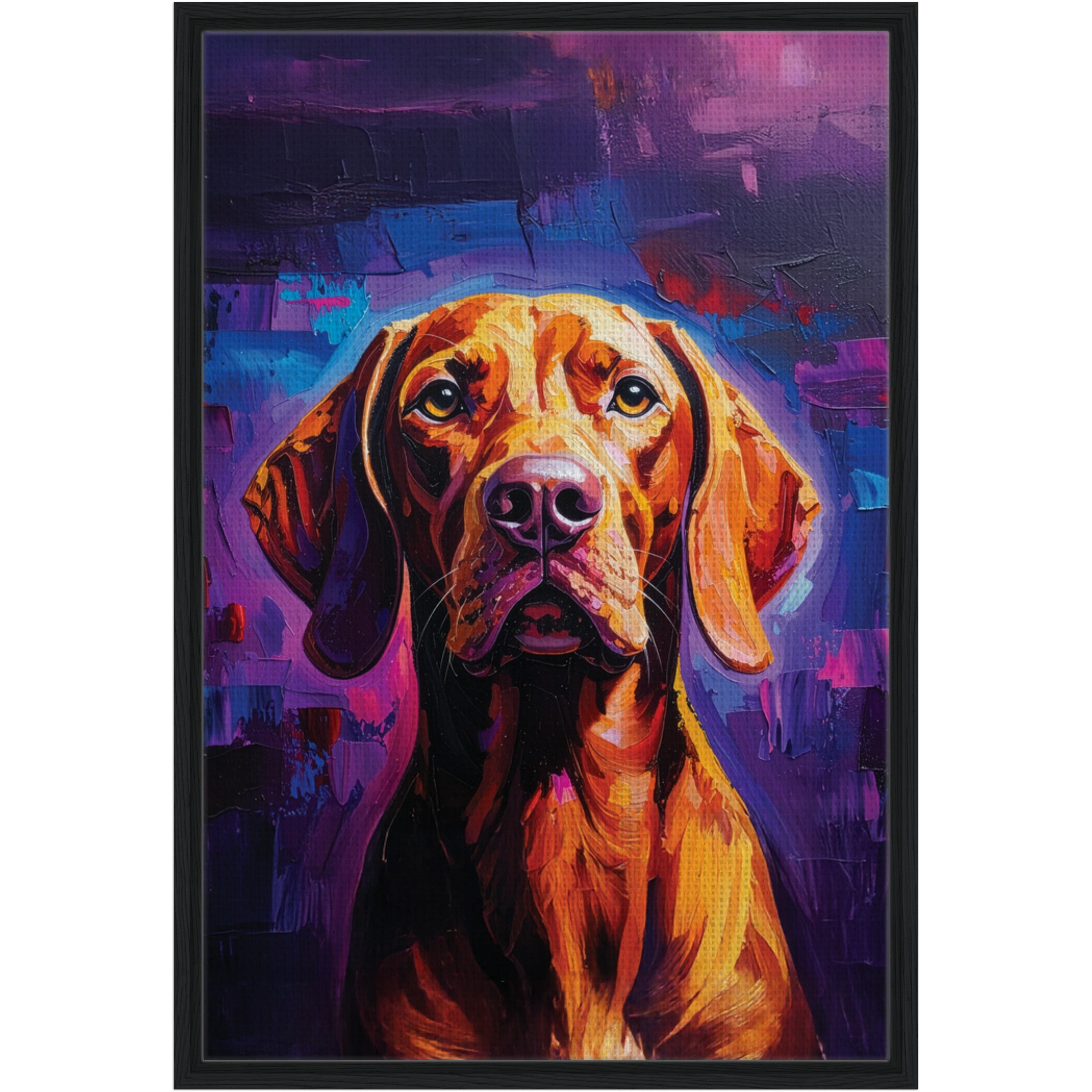 Colorful abstract painting of a dog with a purple and blue background