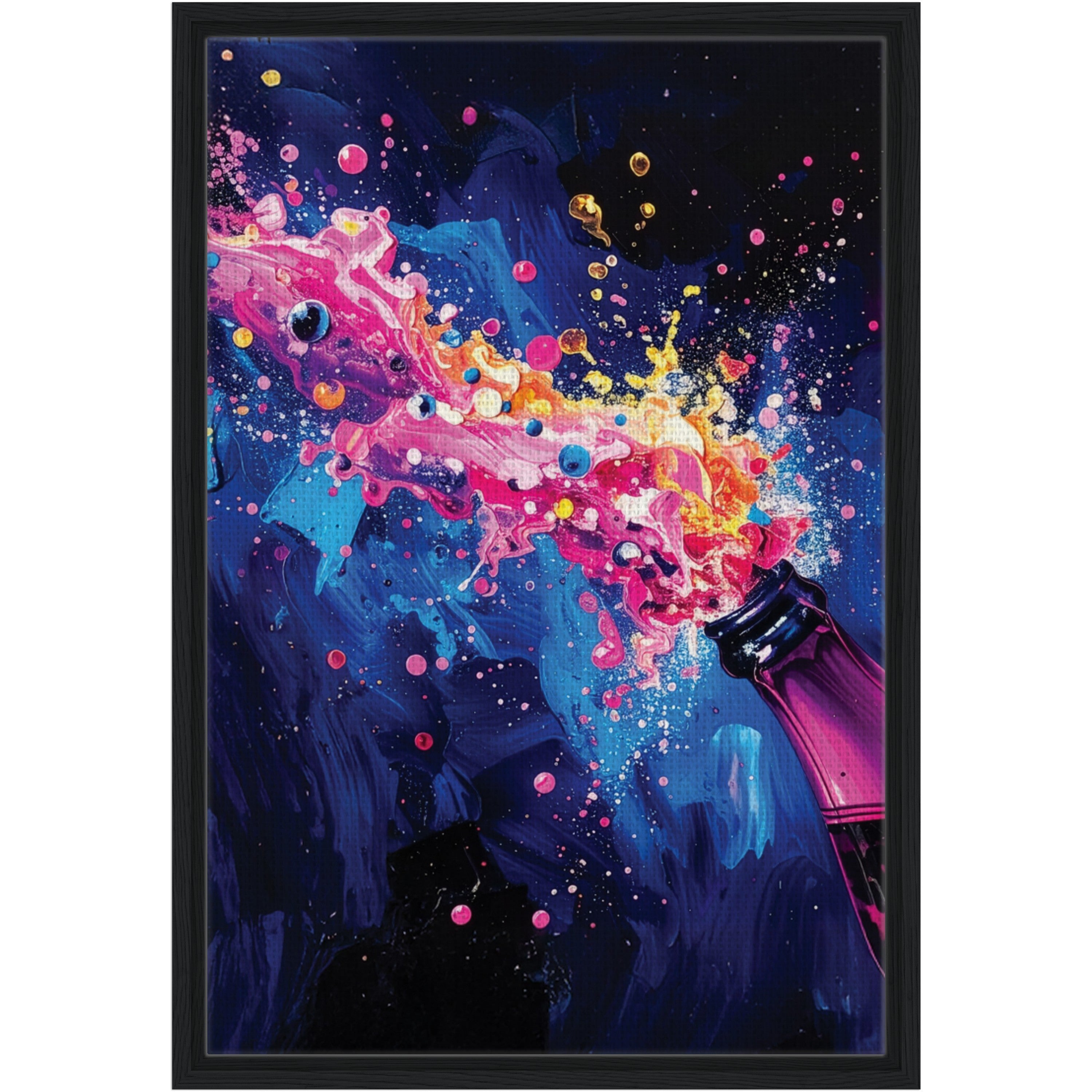 Colorful abstract painting of a bottle with a stream of liquid against a dark background