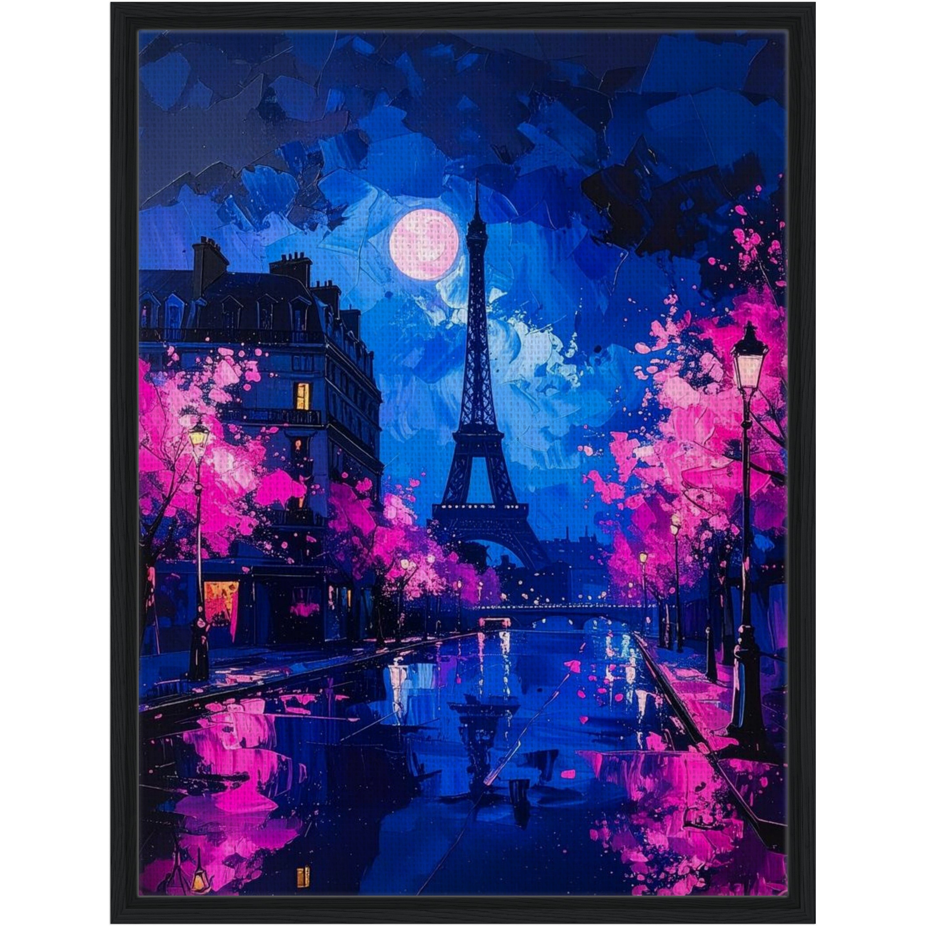 Framed artwork of the Eiffel Tower at night with pink cherry blossoms and a full moon.