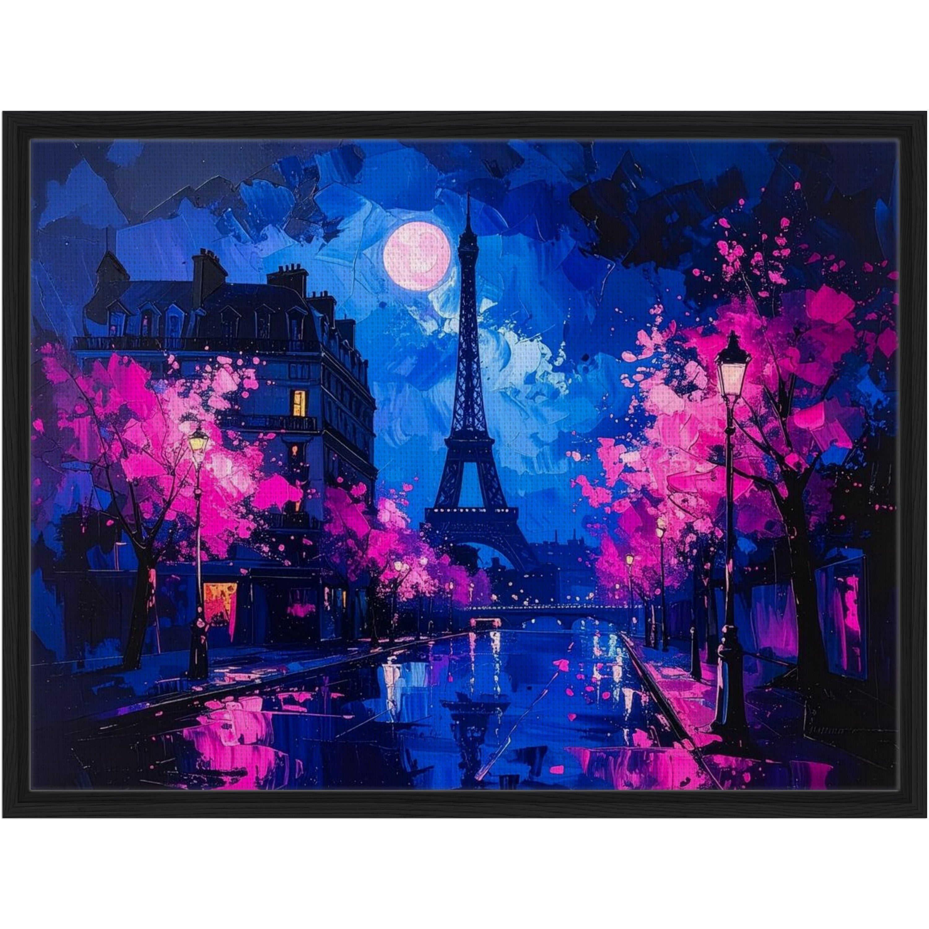 Framed artwork of a Parisian scene with Eiffel Tower, cherry blossoms, and moonlit sky.