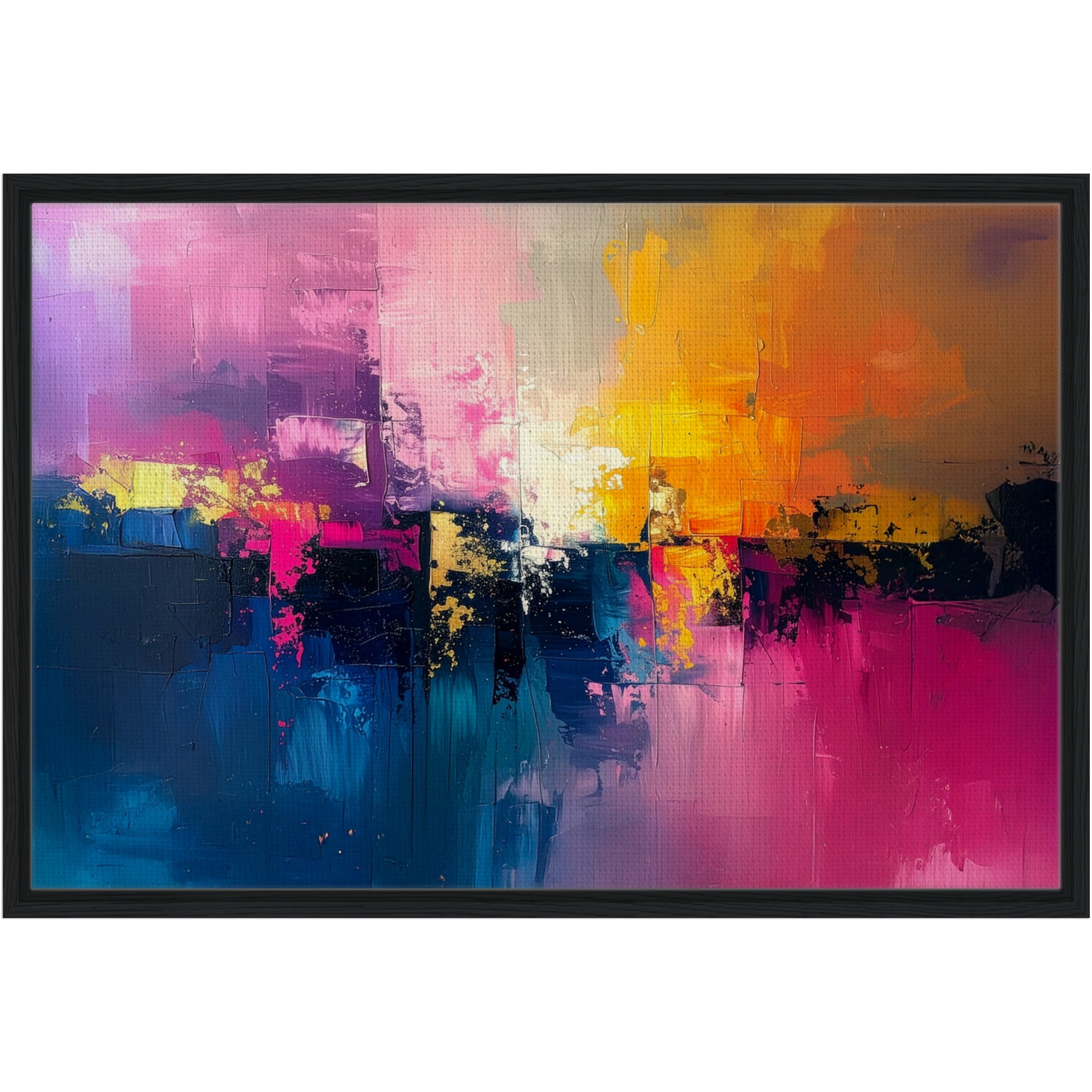 Abstract painting with vibrant colors in a black frame