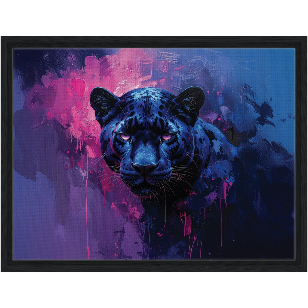 Large format black wooden framed printed canvas of a blue and pink panther