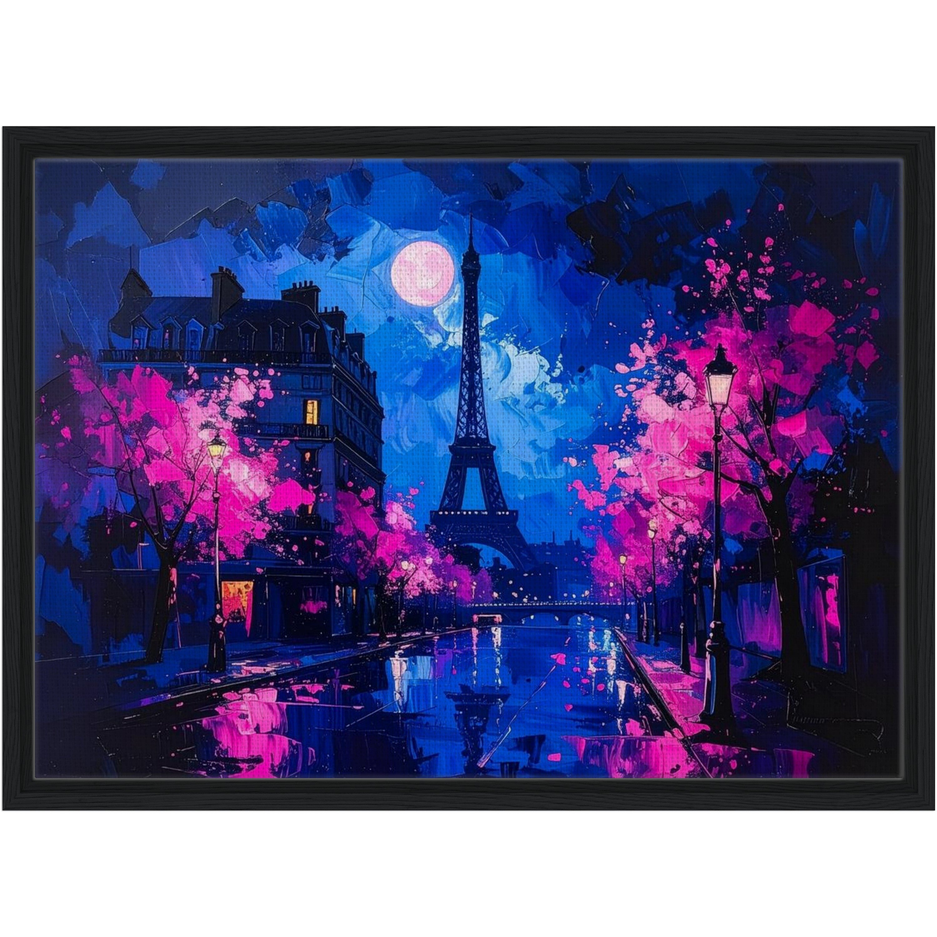 Framed artwork of a Parisian scene with Eiffel Tower, cherry blossoms, and moonlit sky.