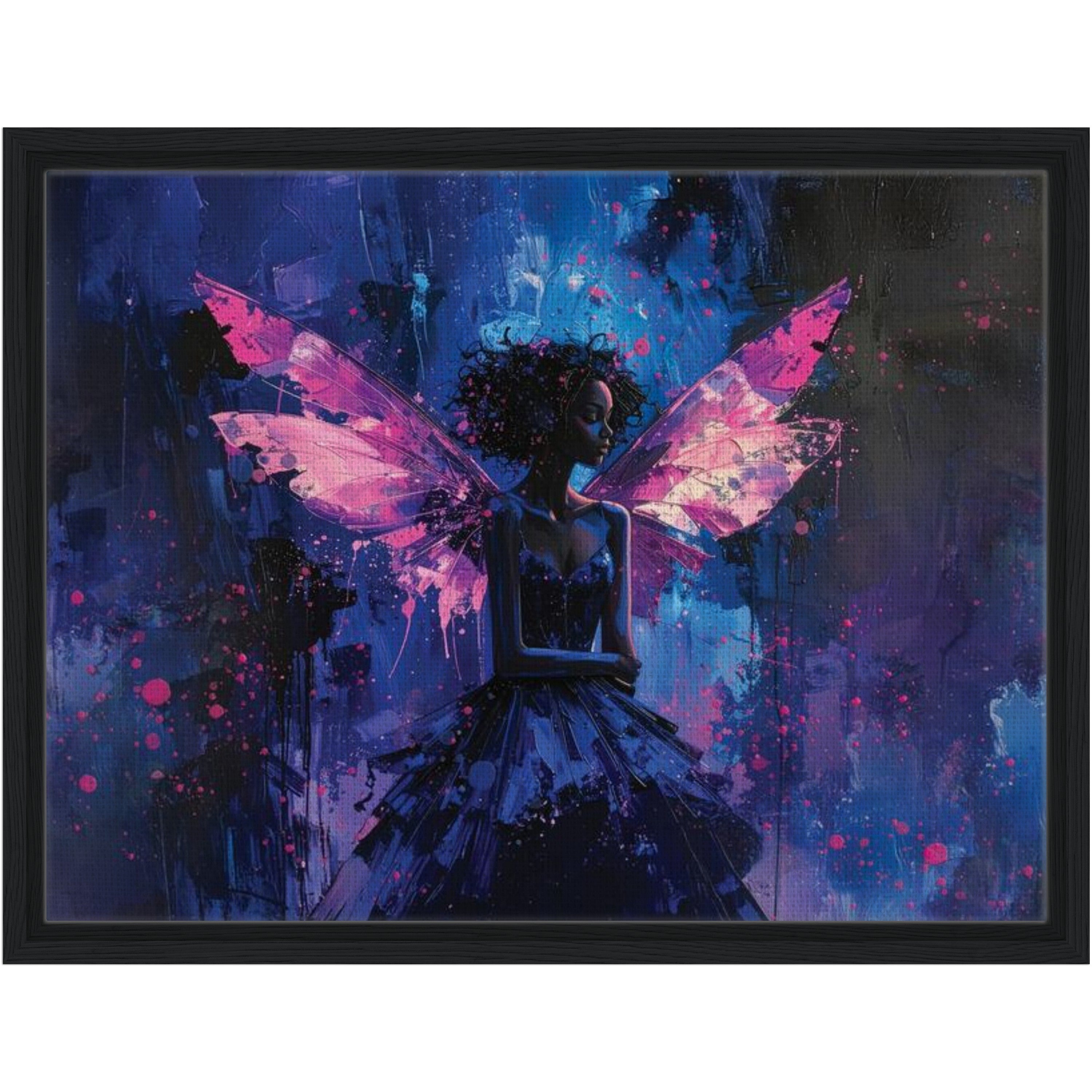 Framed artwork of a fairy with pink wings against a dark, abstract background