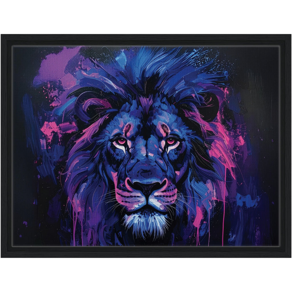 Colorful abstract painting of a lion's head with vibrant purple, blue, and pink hues on a black background.