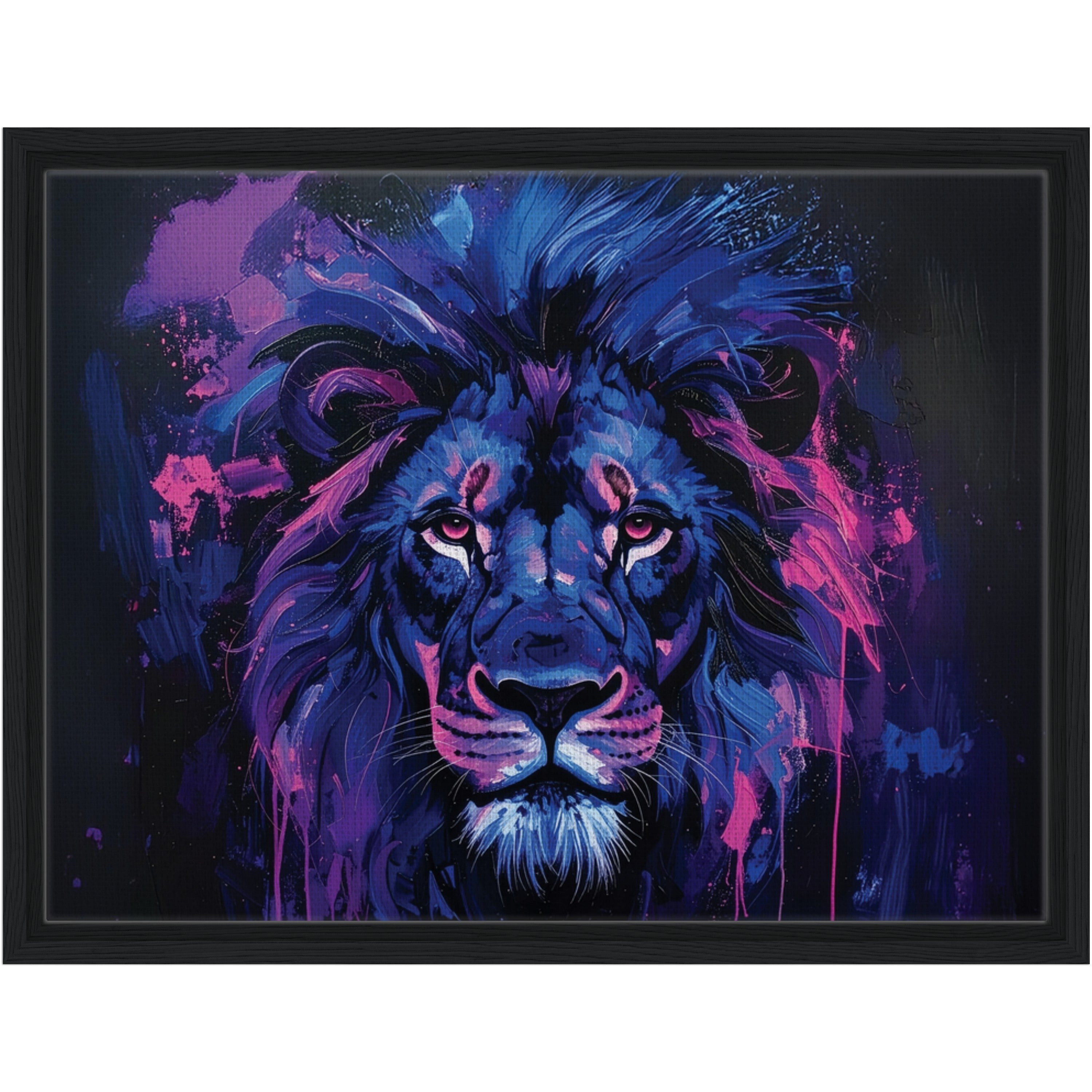 Colorful abstract painting of a lion's head with vibrant purple, blue, and pink hues on a black background.