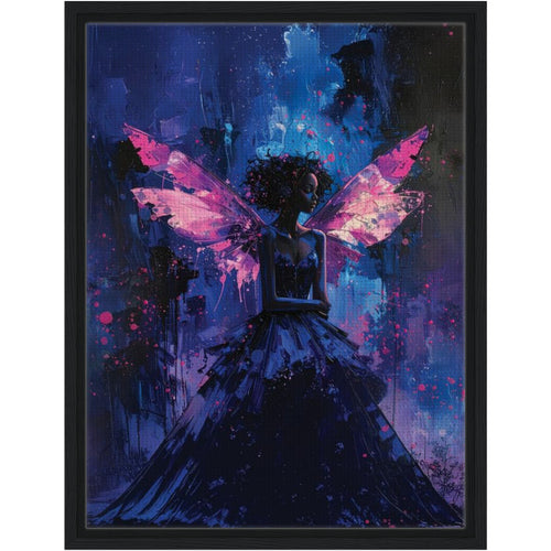 Artistic depiction of a figure with butterfly wings in a dark, abstract setting