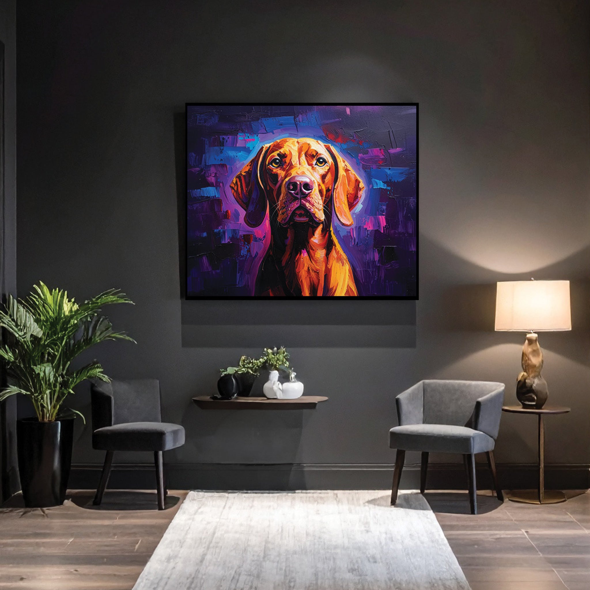 Modern living room with a colorful dog painting on the wall.