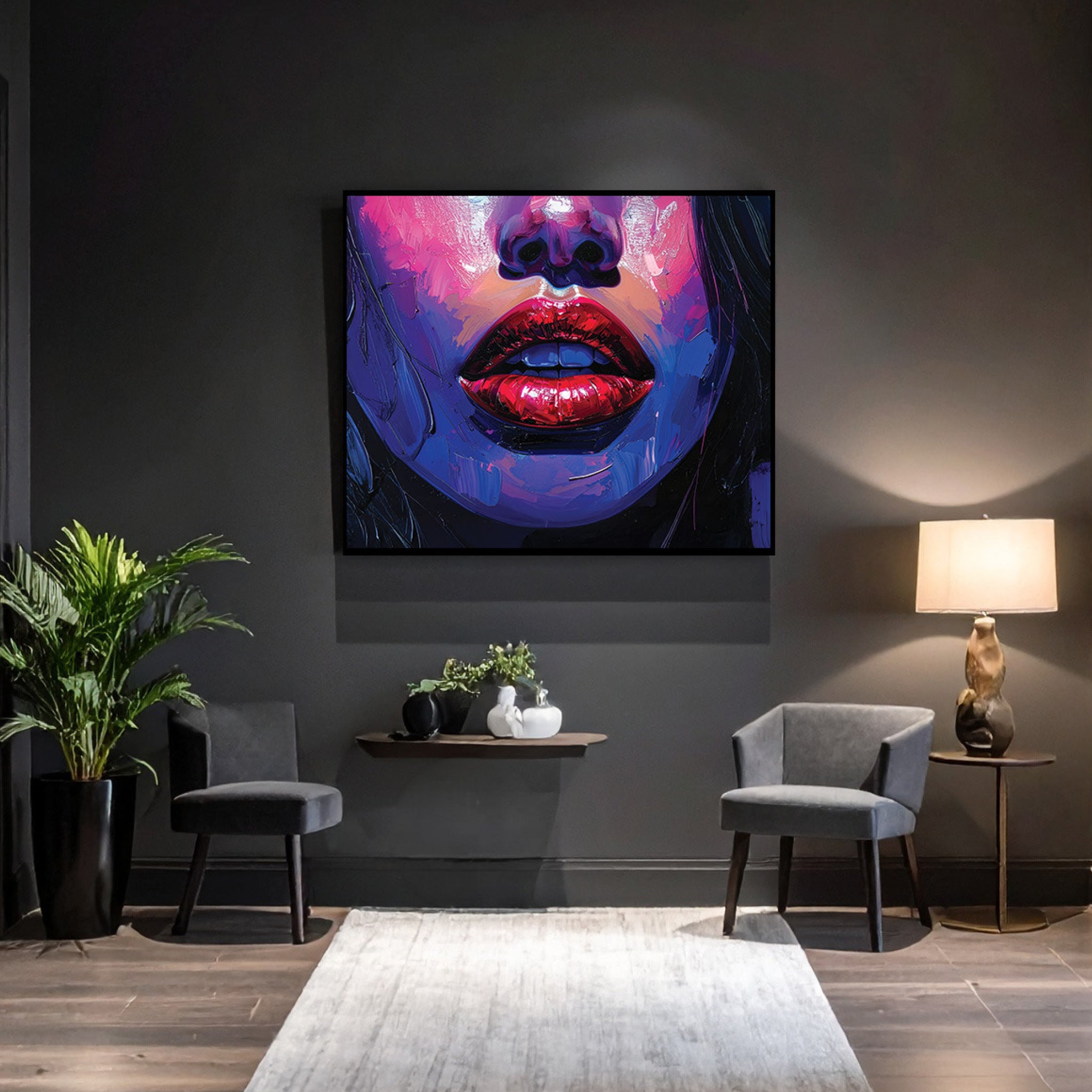 Modern interior with a colorful abstract painting of a face on a dark wall.