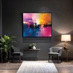 Modern living room with abstract art on the wall, chairs, and a lamp.