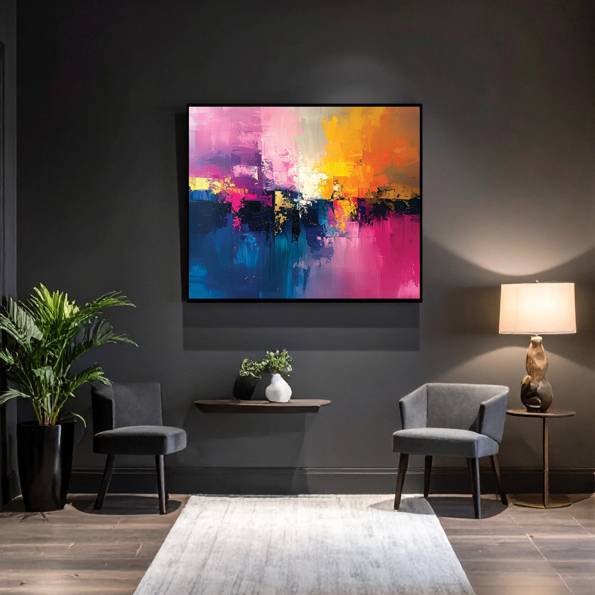 Modern living room with abstract art on the wall, chairs, and a lamp.