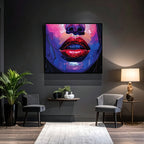 Modern interior with a colorful abstract painting of a face on a dark wall.
