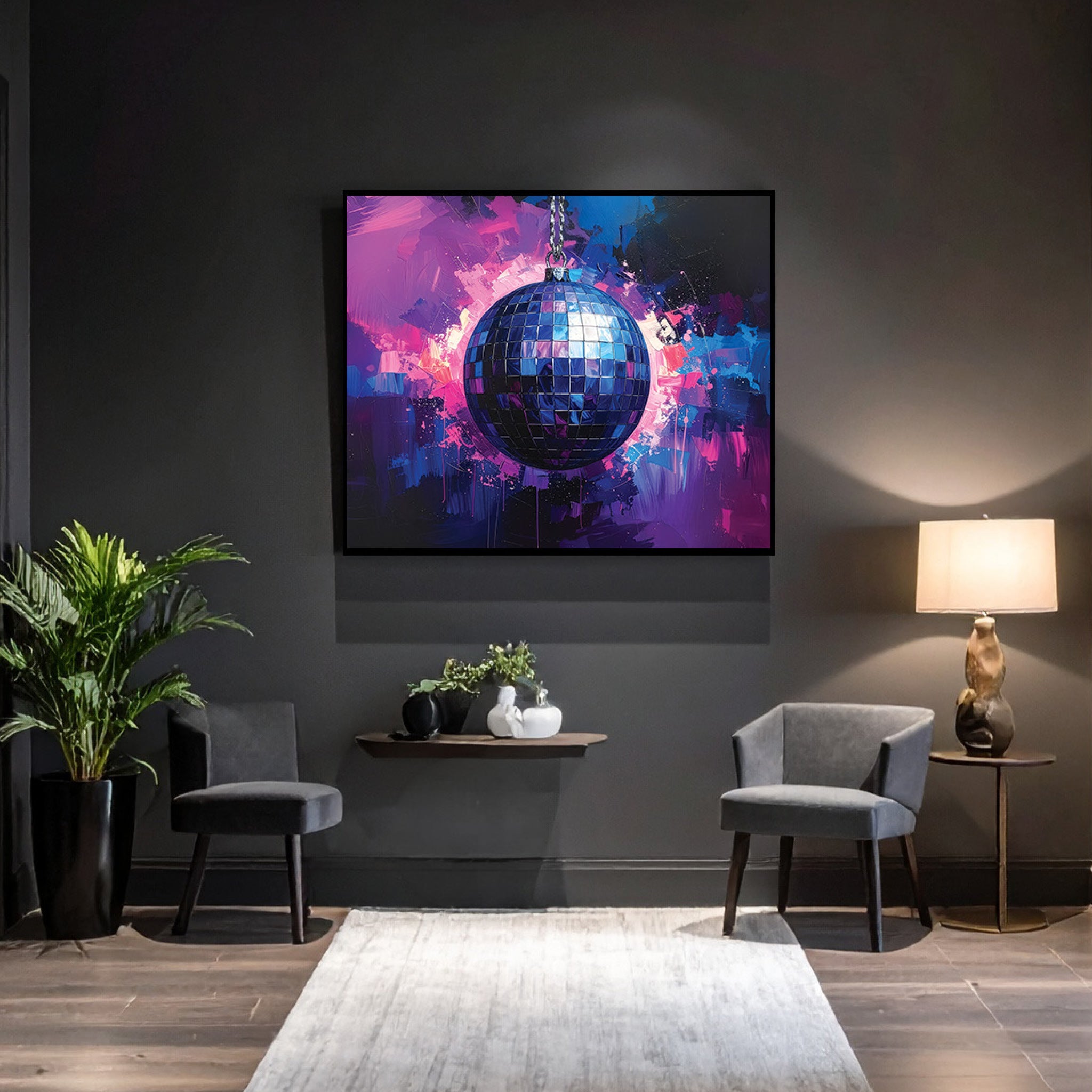 Modern living room with abstract art of a disco ball on a dark wall.