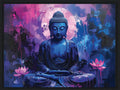 Blue Buddha figure with pink lotus flowers on a colorful abstract background framed canvas print