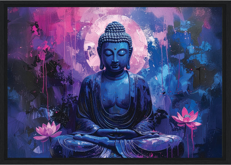 Blue Buddha figure with pink lotus flowers on a colorful abstract background framed canvas print