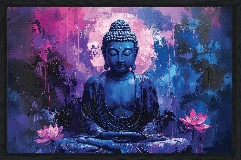 Blue Buddha figure with pink lotus flowers on a colorful abstract background framed canvas print