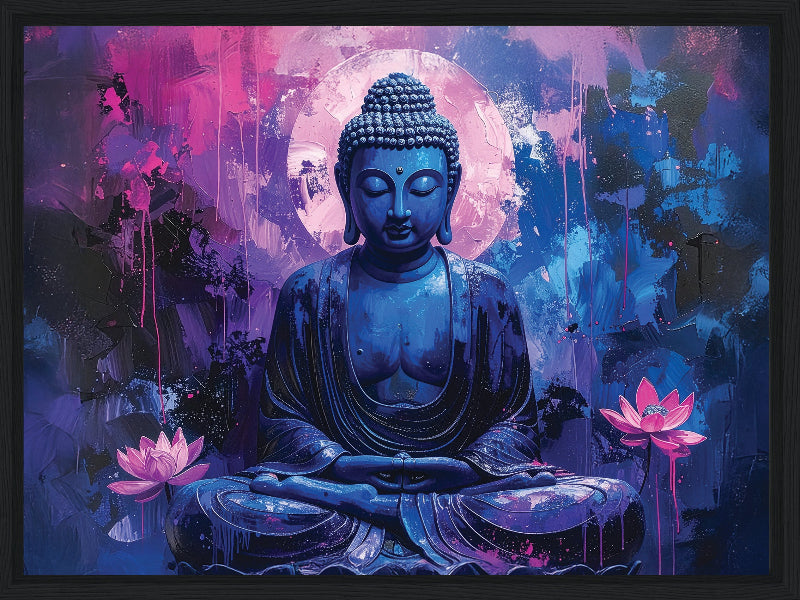 Blue Buddha figure with pink lotus flowers on a colorful abstract background framed canvas print