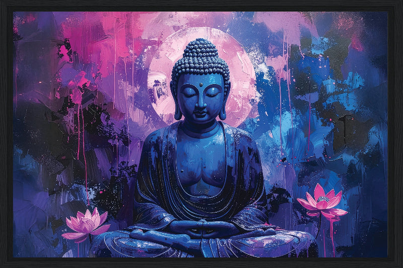 Blue Buddha figure with pink lotus flowers on a colorful abstract background framed canvas print