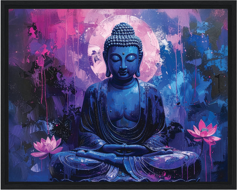 Blue Buddha figure with pink lotus flowers on a colorful abstract background framed canvas print