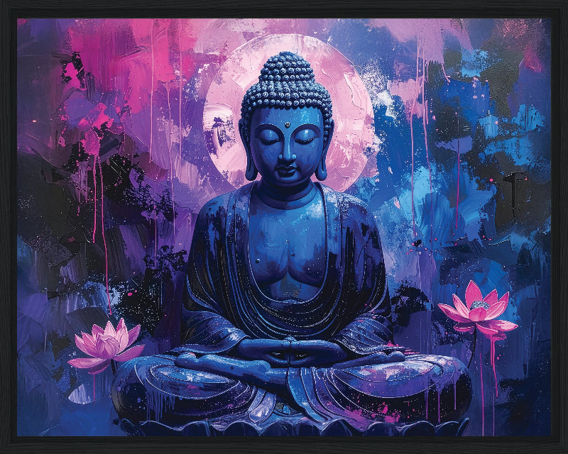 Blue Buddha figure with pink lotus flowers on a colorful abstract background framed canvas print