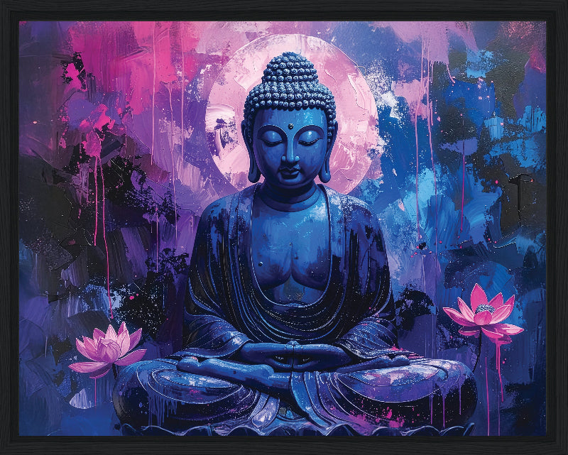 Blue Buddha figure with pink lotus flowers on a colorful abstract background framed canvas print