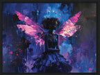 Artistic depiction of a fairy with pink wings against a colorful abstract background