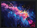 Colorful abstract painting of a champagne bottle with splashes against a dark background