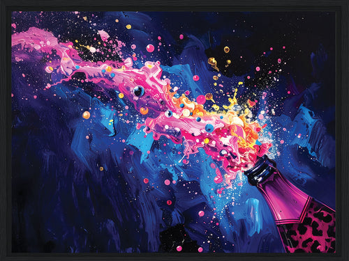 Colorful abstract painting of a champagne bottle with splashes against a dark background