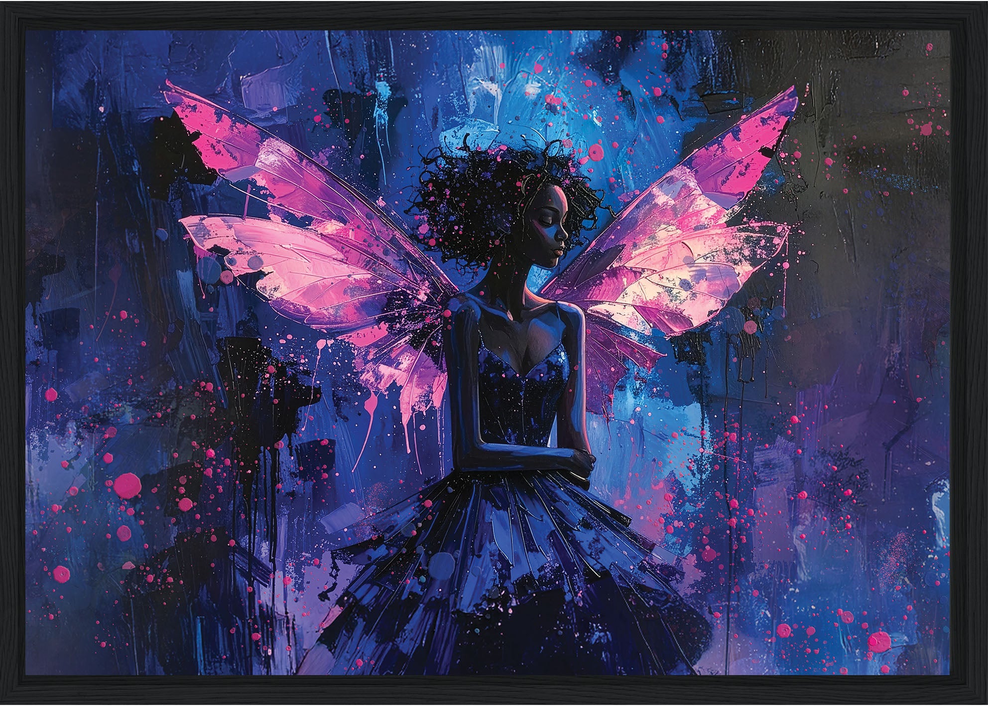 Artistic depiction of a fairy with pink wings against a dark, abstract background