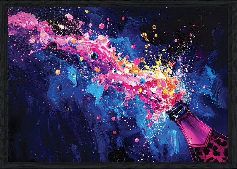 Colorful abstract painting of a champagne bottle with splashes on a dark background