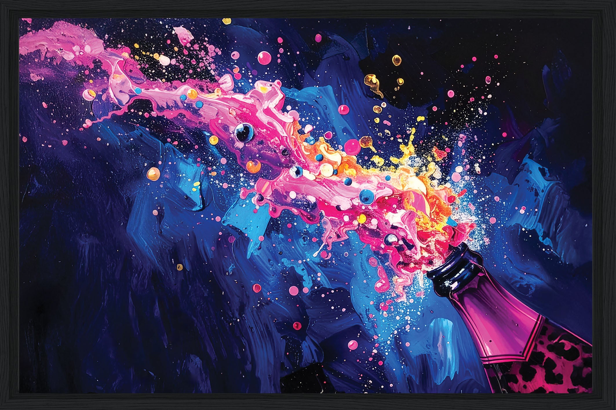 Colorful abstract painting of a champagne bottle explosion with a black frame.