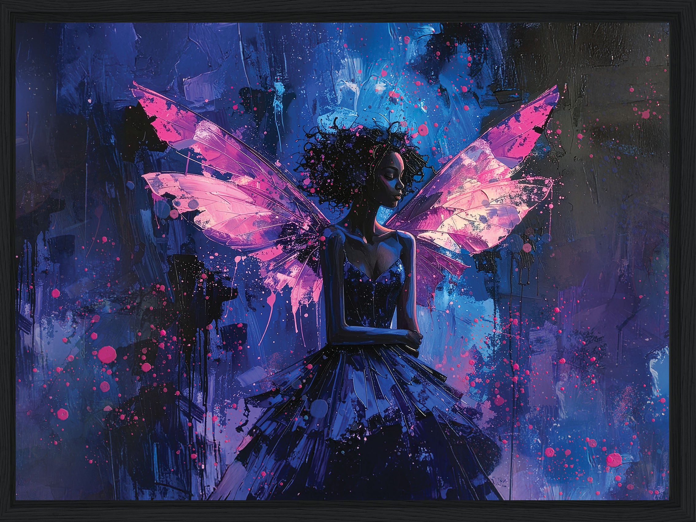 Artistic depiction of a fairy with pink wings against a dark, abstract background