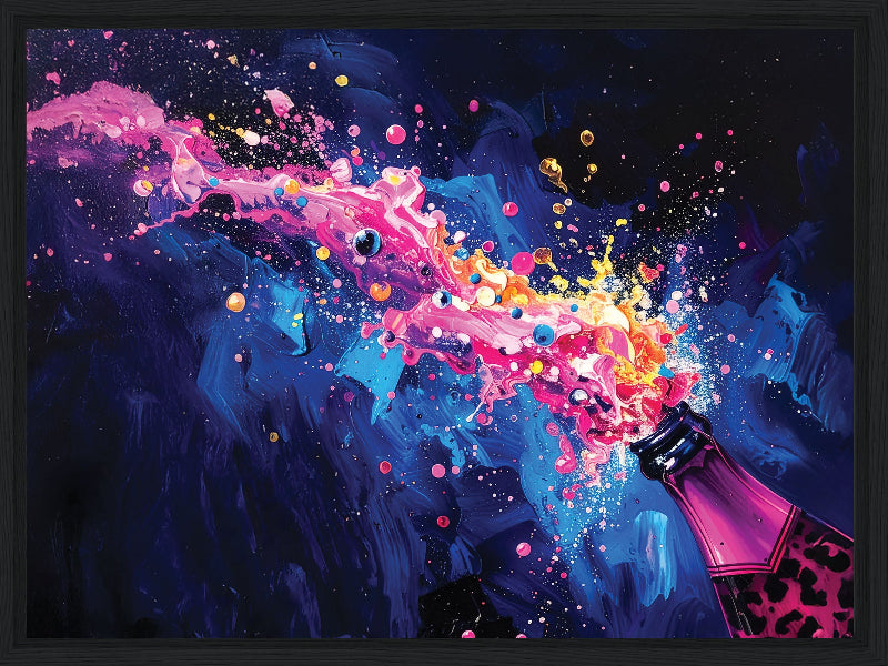 Colorful abstract painting of a bottle of champagne against a dark background
