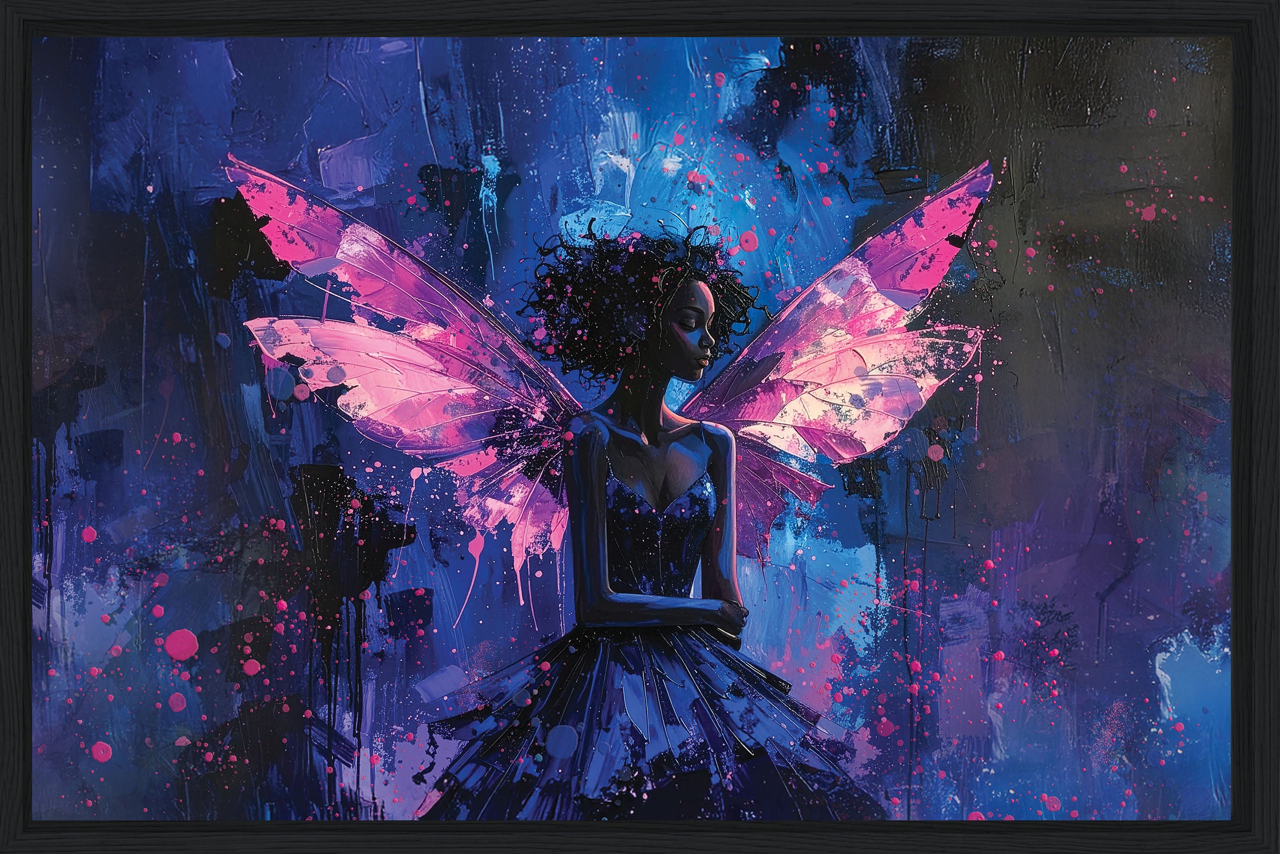 Artistic depiction of a fairy with pink wings against a dark, abstract background