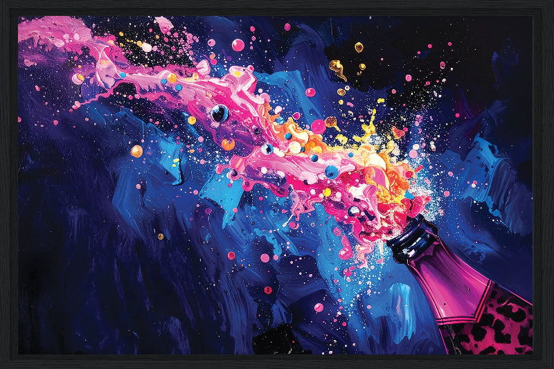 Colorful abstract painting of a champagne bottle with splashes on a dark background