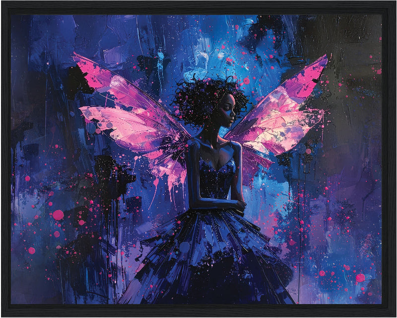 Artistic depiction of a woman with butterfly wings in a dark, abstract setting