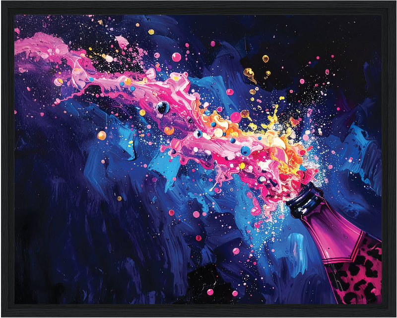 Colorful abstract painting of a champagne bottle with a black frame.