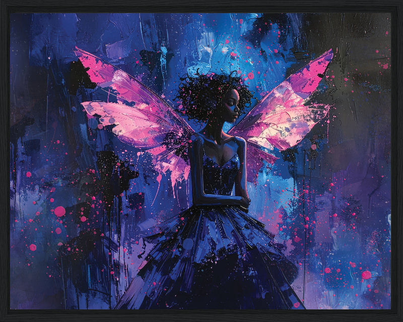 Artistic depiction of a woman with butterfly wings in a dark, abstract setting