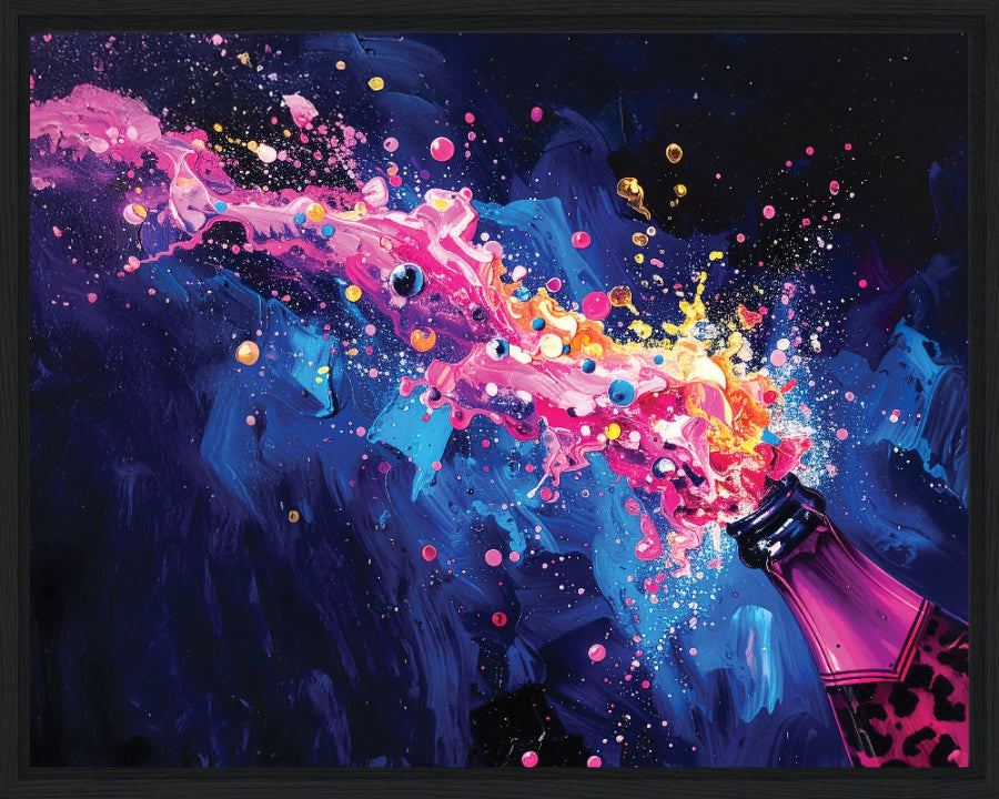 Colorful abstract painting of a champagne bottle with splashes on a dark background