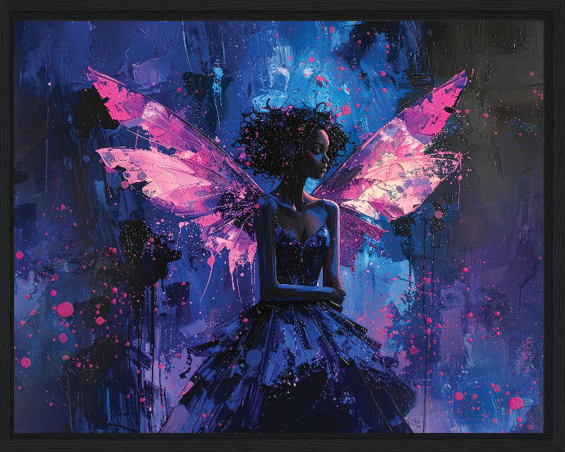 Framed artwork of a fairy with pink wings against a blue and black abstract background