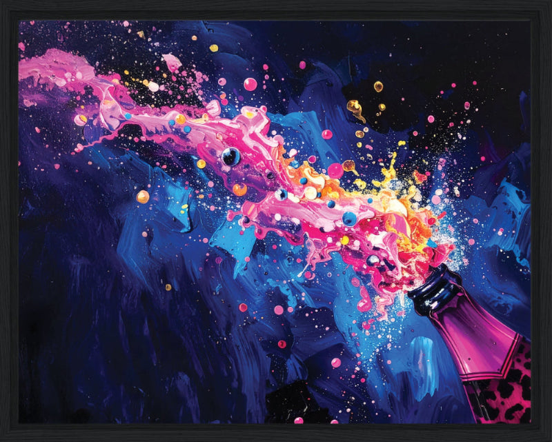 Colorful abstract painting of a bottle of champagne against a dark background