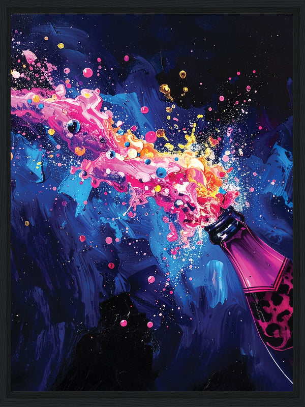 Colorful abstract painting of a bottle with a splash effect on a dark background