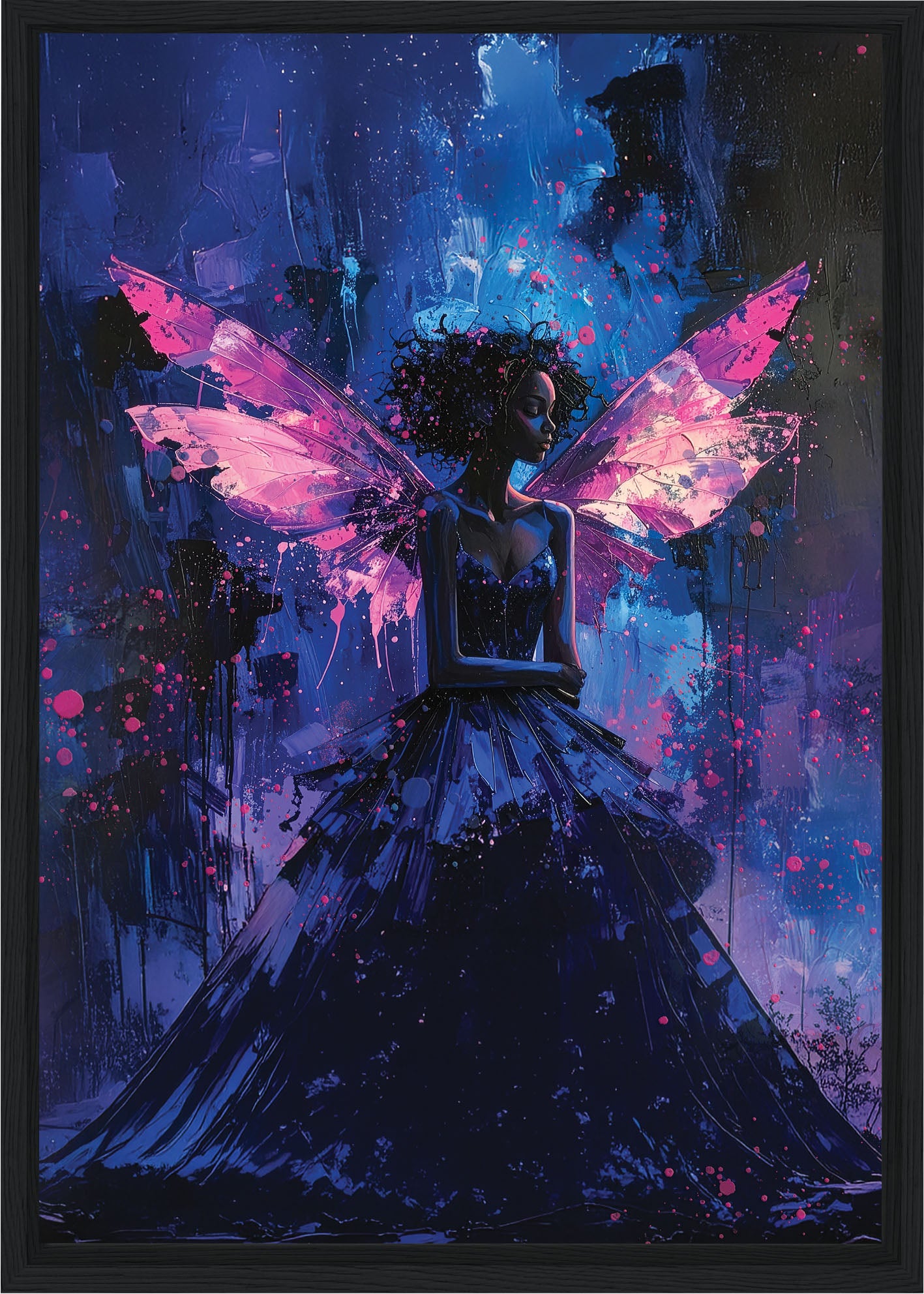 Artistic depiction of a woman with butterfly wings in a dark, abstract setting