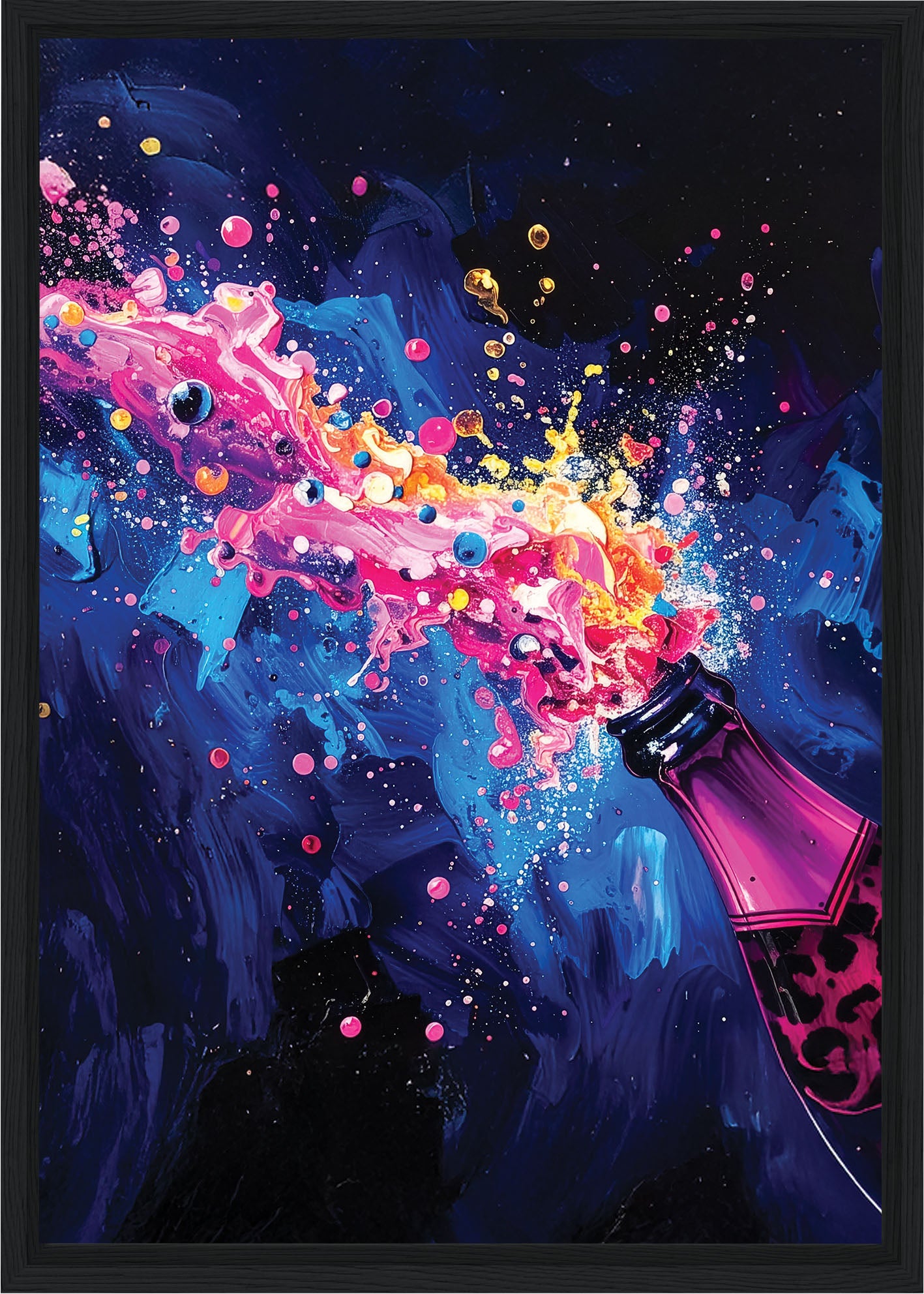 Colorful abstract painting of a bottle of champagne against a dark background
