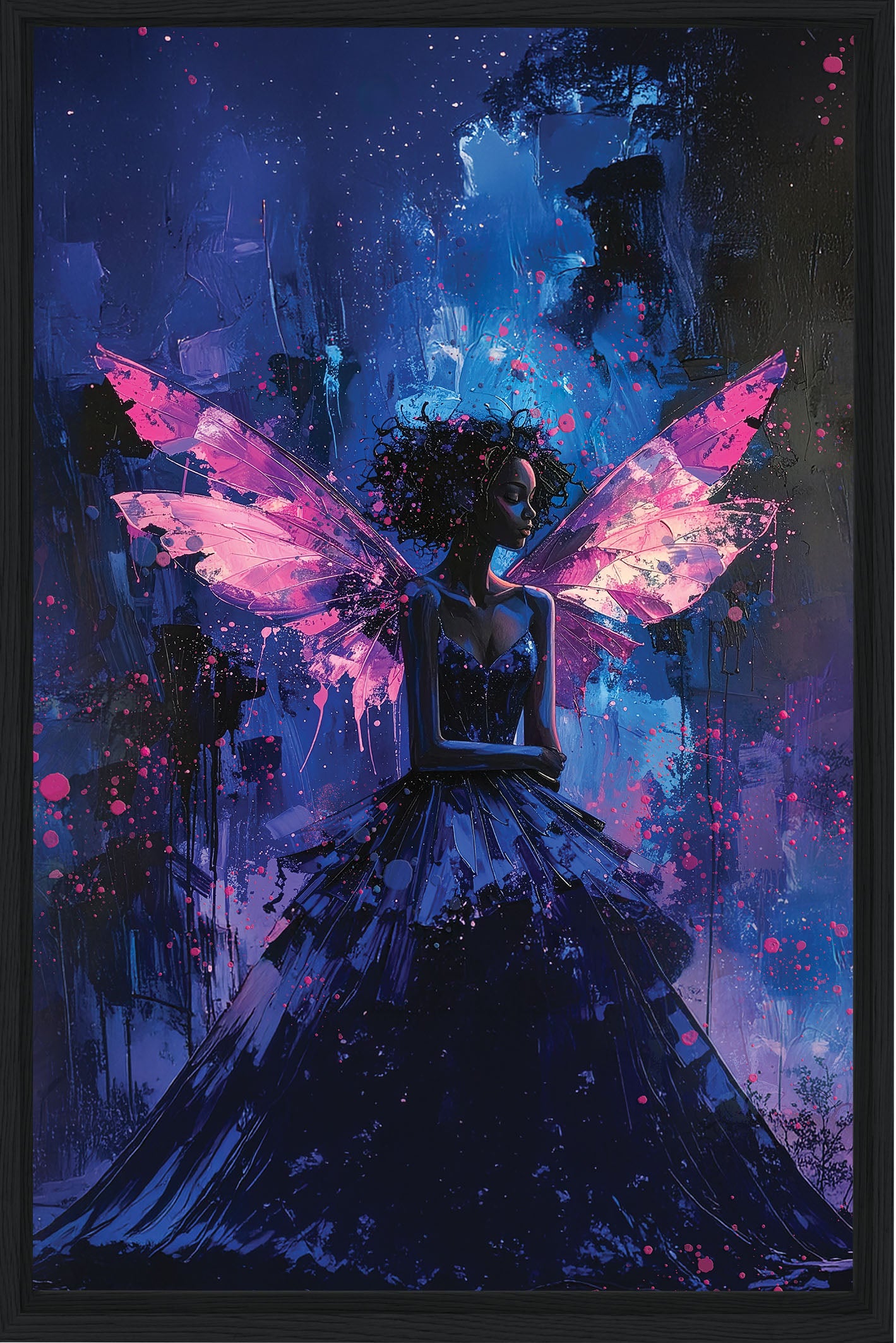 Artistic depiction of a fairy with pink wings against a dark, abstract background