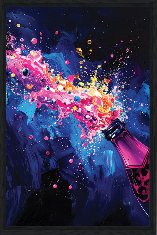 Colorful abstract art of a bottle with a splash against a dark background